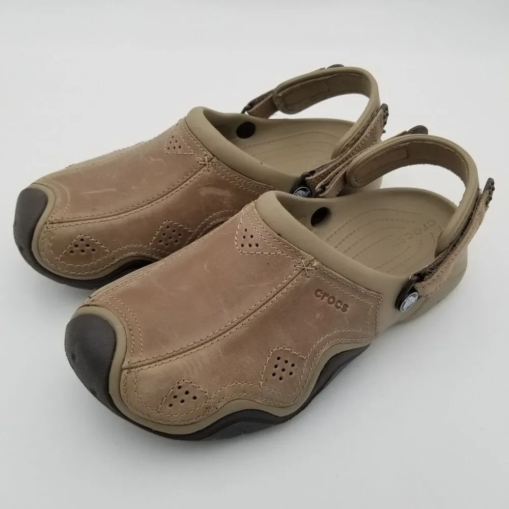 CROCS Swiftwater Light Brown Leather Adjustable Strap Slip On Clogs Mens Size 9